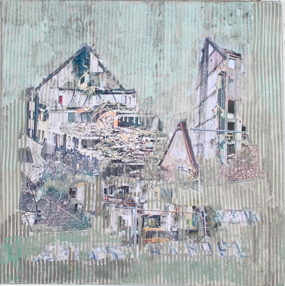 Nedrivning II (Demolition II), Bl.teknikk, Daphne fiber, akryl, pigment, pva på lerret, 2025